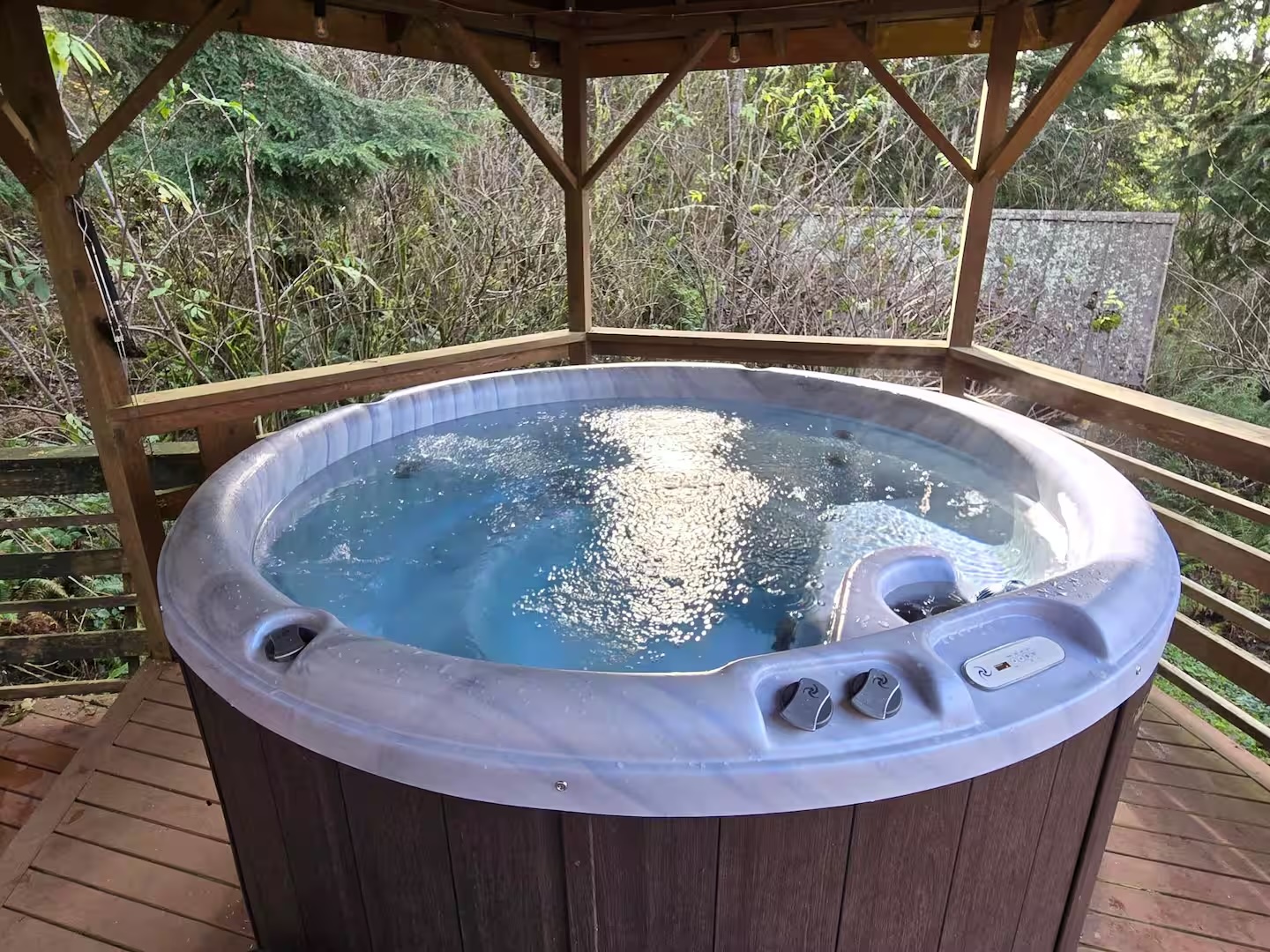 The private hot tub, sheltered among the trees.