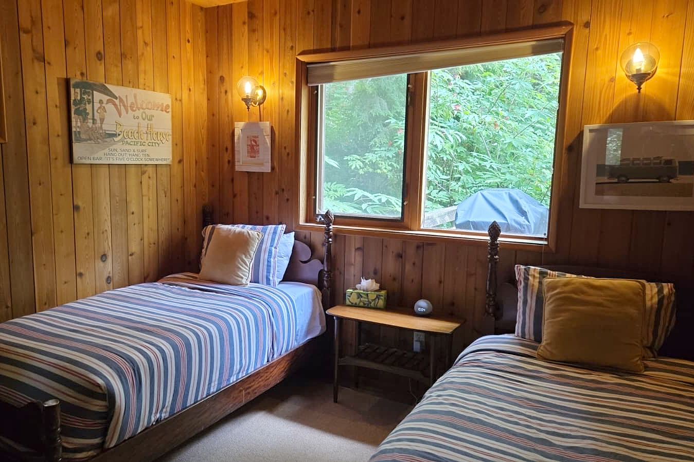 Twin beds in one of the main-level bedrooms.